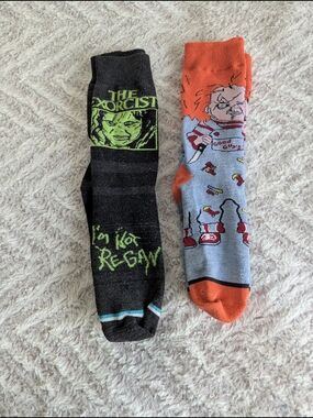 Novelty Men's Crew Socks - Black "The Exorcist" Design & Orange Chucky Design